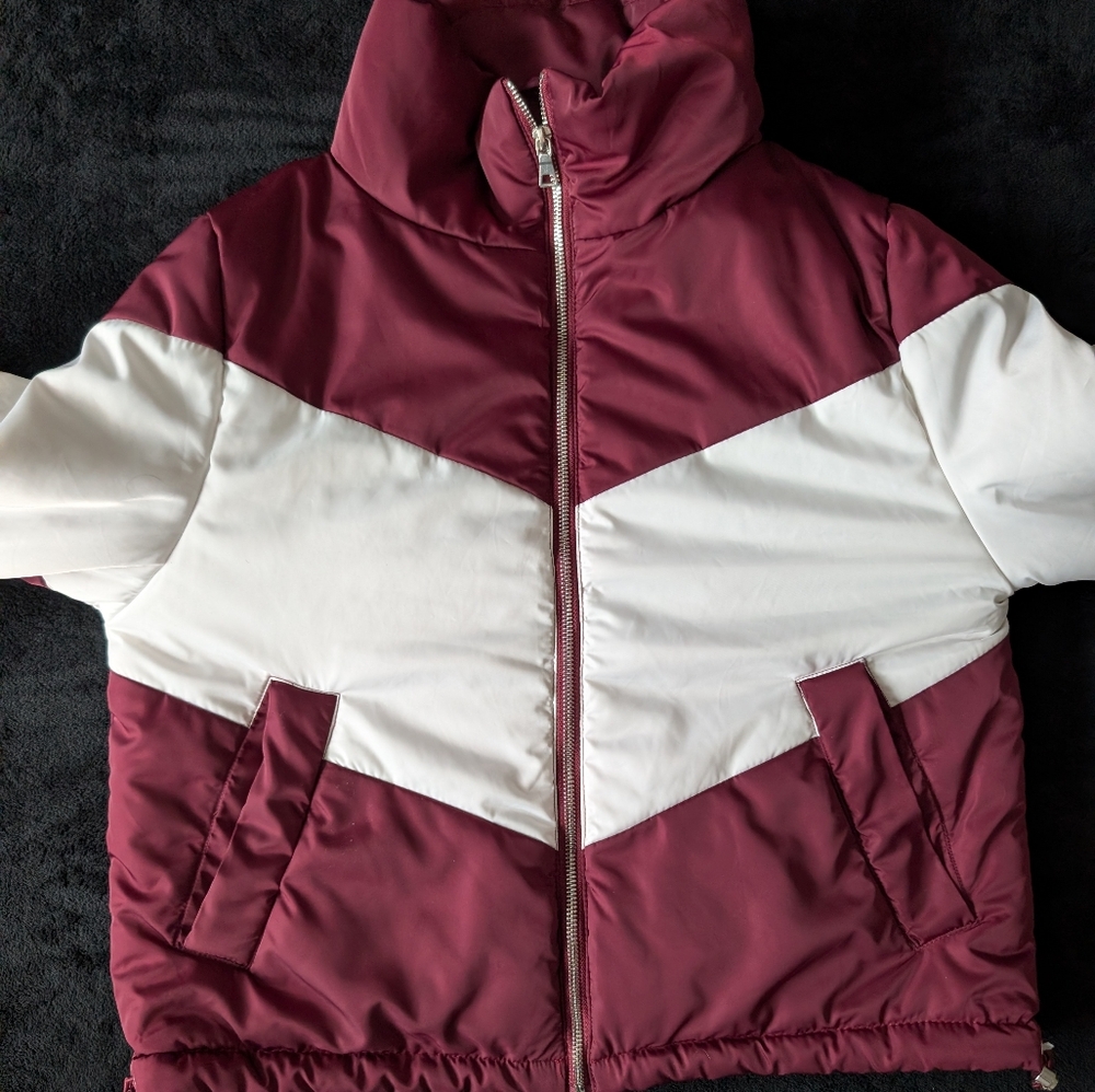 Burgundy White Chevron Colorblock Puffer Jacket Sz M Retro Sport Apres Ski - Picture 11 of 15